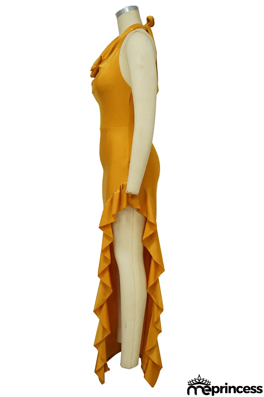 Colorful Blue Sexy Solid Patchwork Flounce Asymmetrical V Neck Evening Dress Dresses