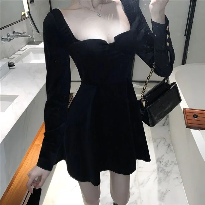 Long-Sleeve Square-Neck Mini A-Line Velvet Dress YP1636