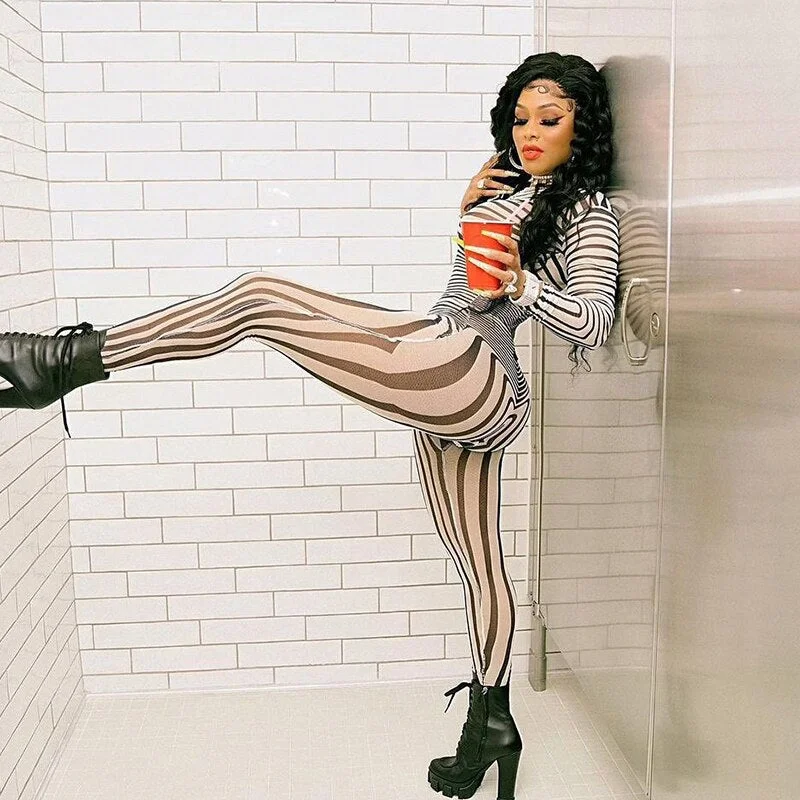 BIIKPIIK Striped Print Elegant Jumpsuits Mesh Sexy Long Sleeve Autumn Workout Overalls Casual Skinny Basic Jogging Clothing
