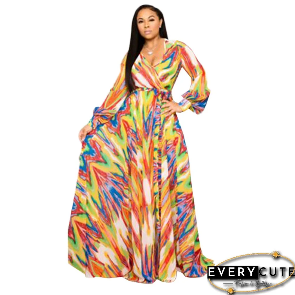 Orange Floral Print V Neck Bohemia Maxi Dress