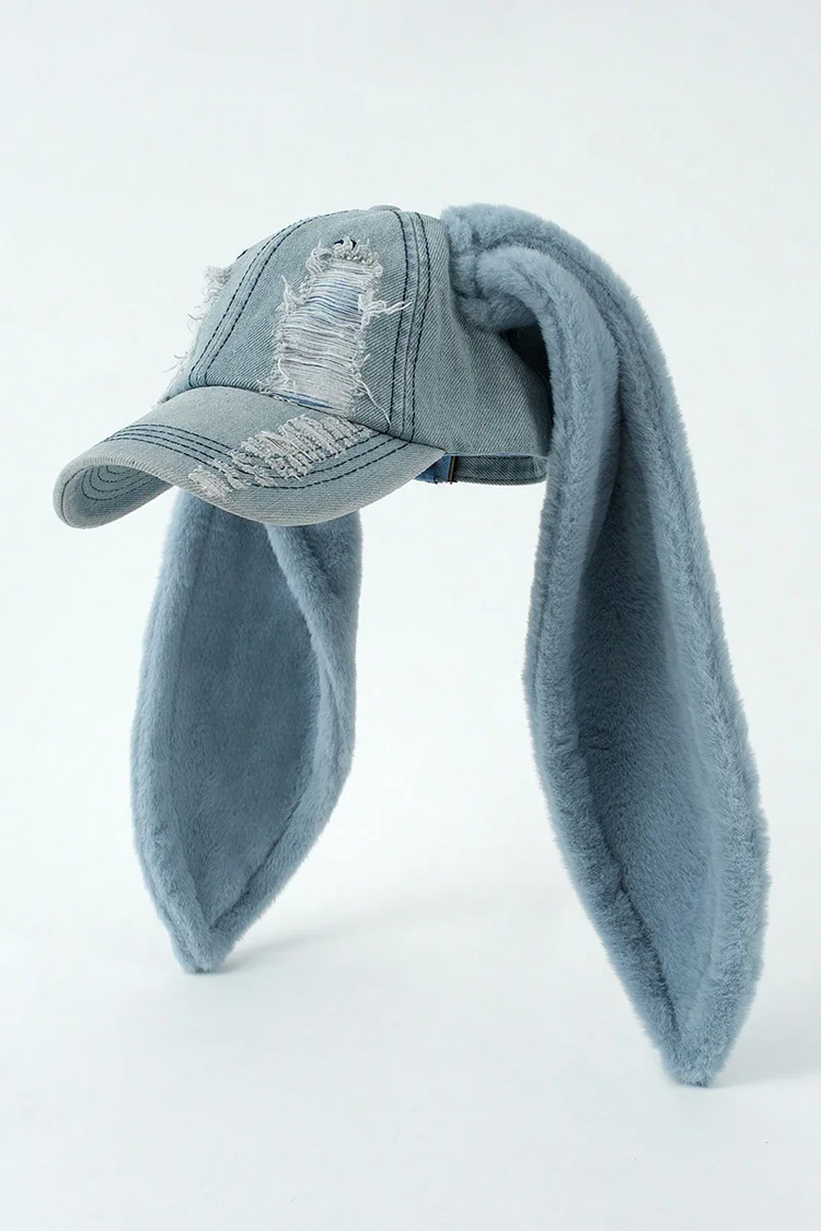 Ciciful Rabbit Ear Ripped Denim Faux Fur Patchwork Hat