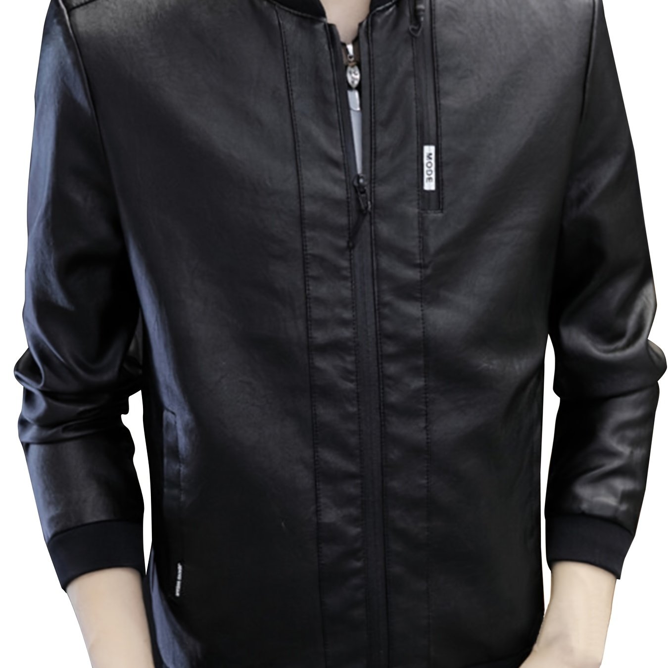 small Size & Order Size Up Men's Slim Fit Faux Leather Jacket, Winter Casual Solid Color Zipper Stand Collar Jacket