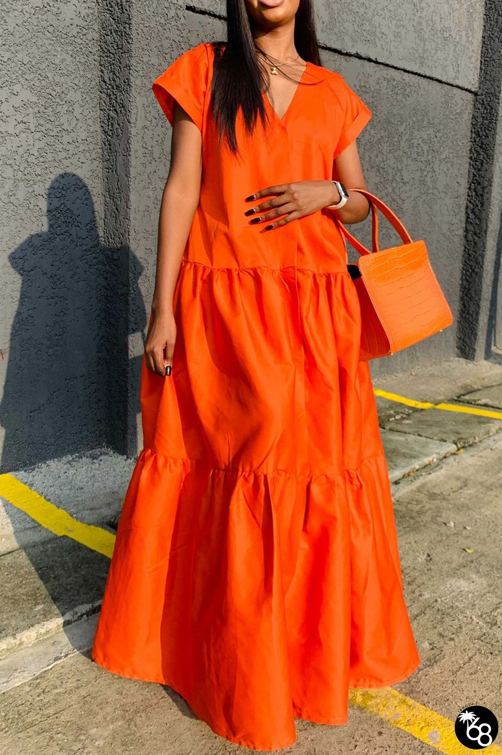 Orange Casual Solid Patchwork Fold V Neck Long Dress Dresses | 168DEAL