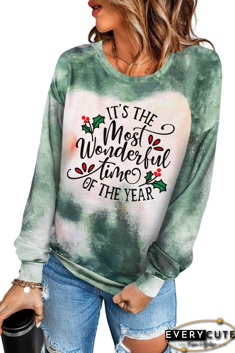 Green Christmas Letters Tie Dye Print Graphic Long Sleeve Top