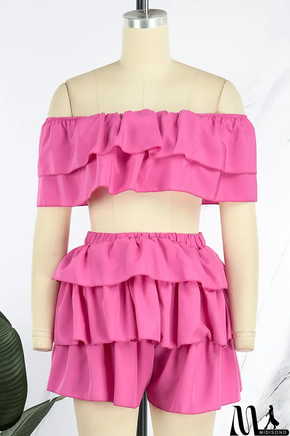 MidiSono - Rose Red Sexy Casual Solid Patchwork Backless Off the Shoulder Short Sleeve Two Pieces