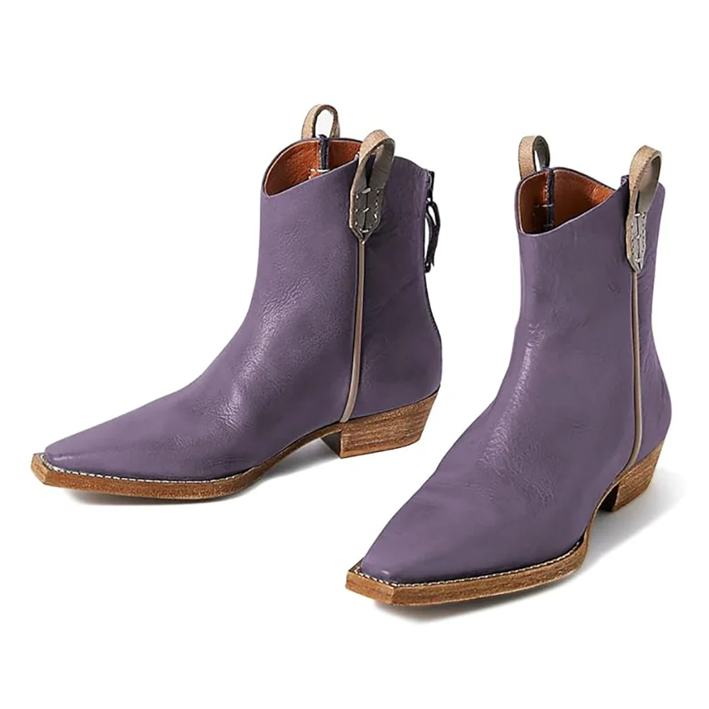 Purple Vegan Leather Snip Toe Back-Zip Side Loops Ankle Boots