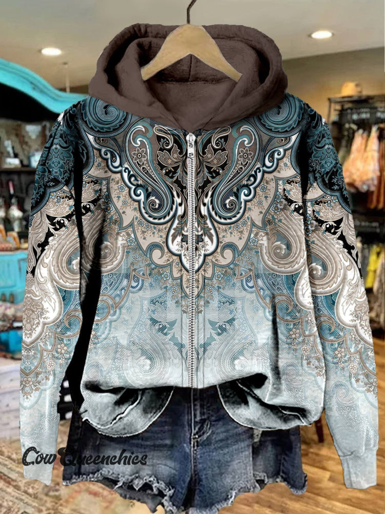 Paisley Print Casual Zip Hoodie Sweatshirt Multicolor / S