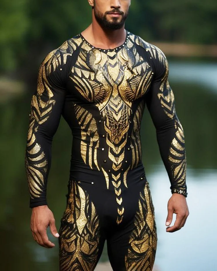 Men's Tulle Vintage Gold Print Slim Fit Jumpsuit