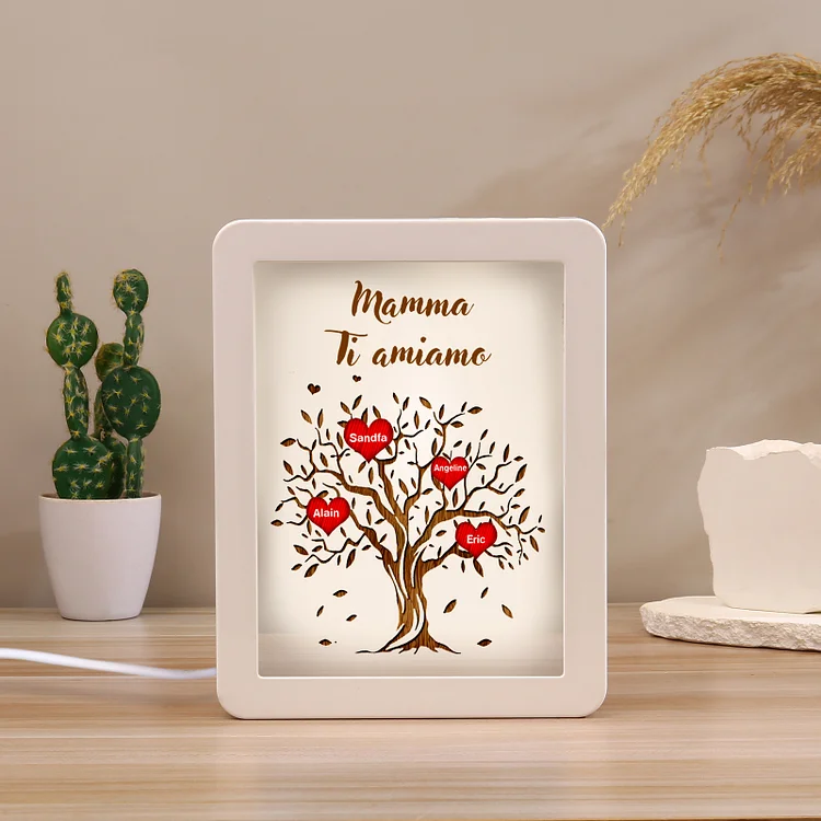 Cornice albero di cuore rosso con LED luce a tre colori 4 nomi e 1 testo personalizzati anche usati come specchio regalo per mamma/nonna