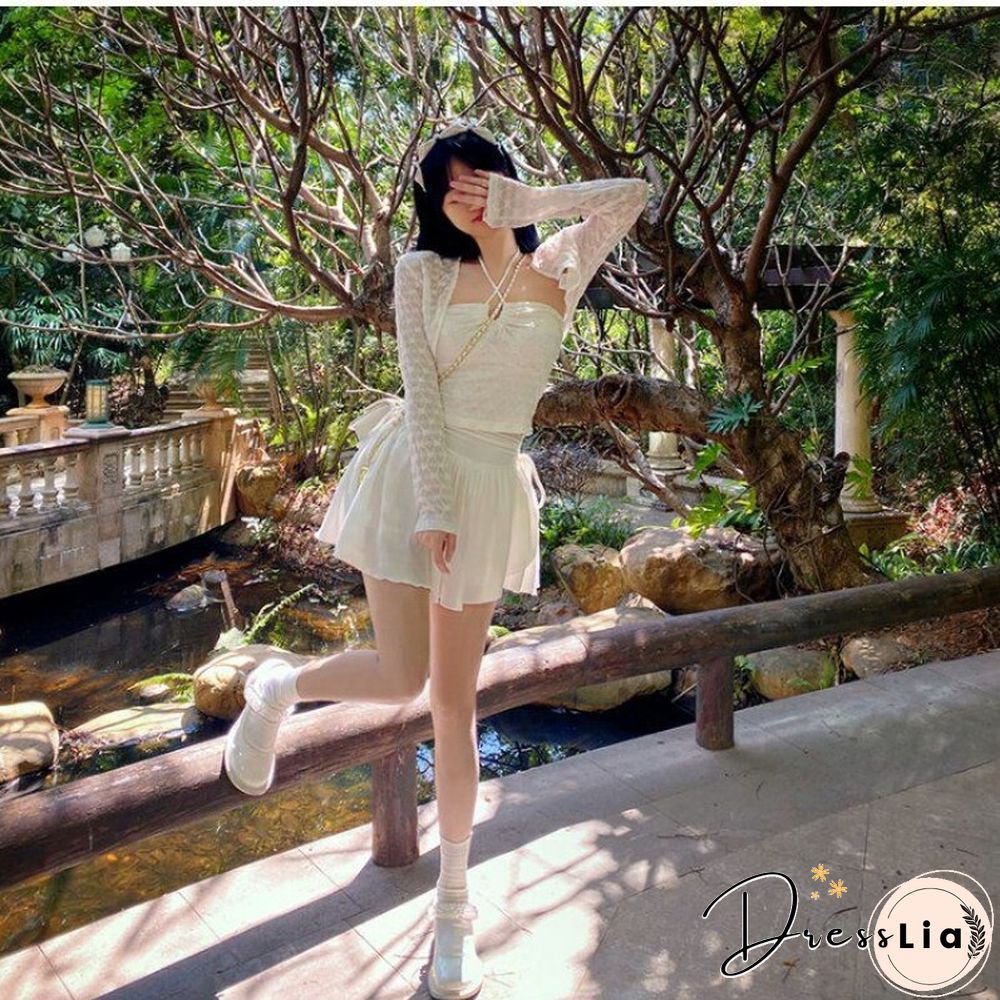 White fluffy mini skirt women kawaii drawstring pleated a-line short cute high waist