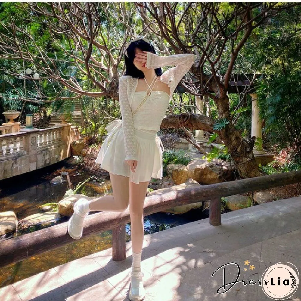 White fluffy mini skirt women kawaii drawstring pleated a-line short cute high waist