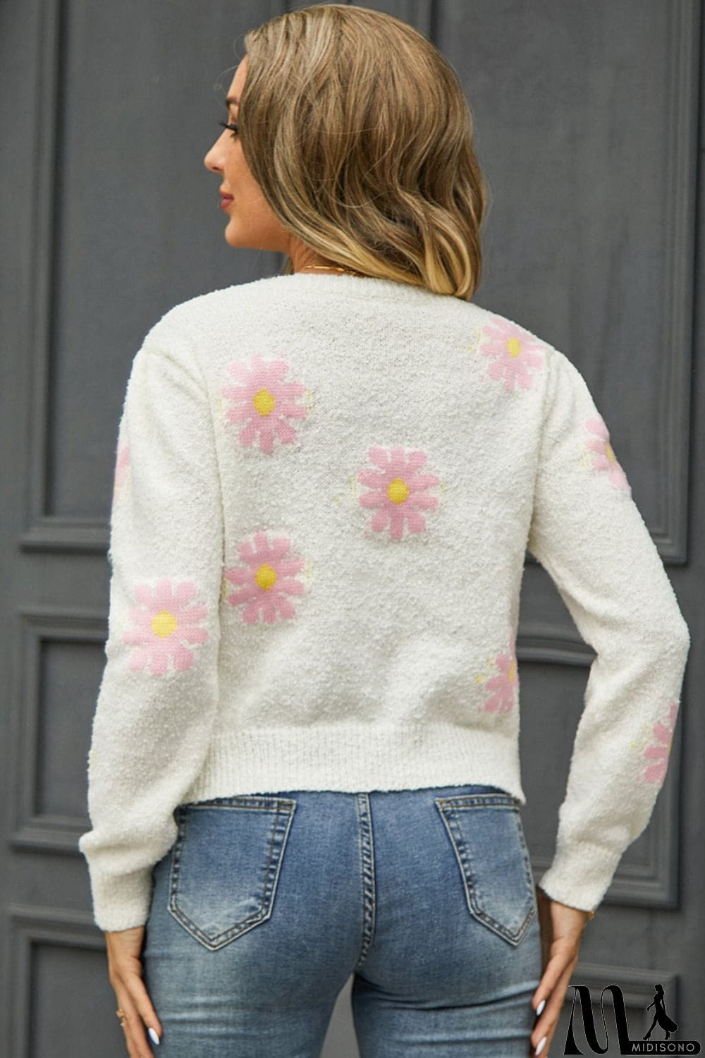 MidiSono - Flower Pattern Round Neck Short Sleeve Pullover Sweater