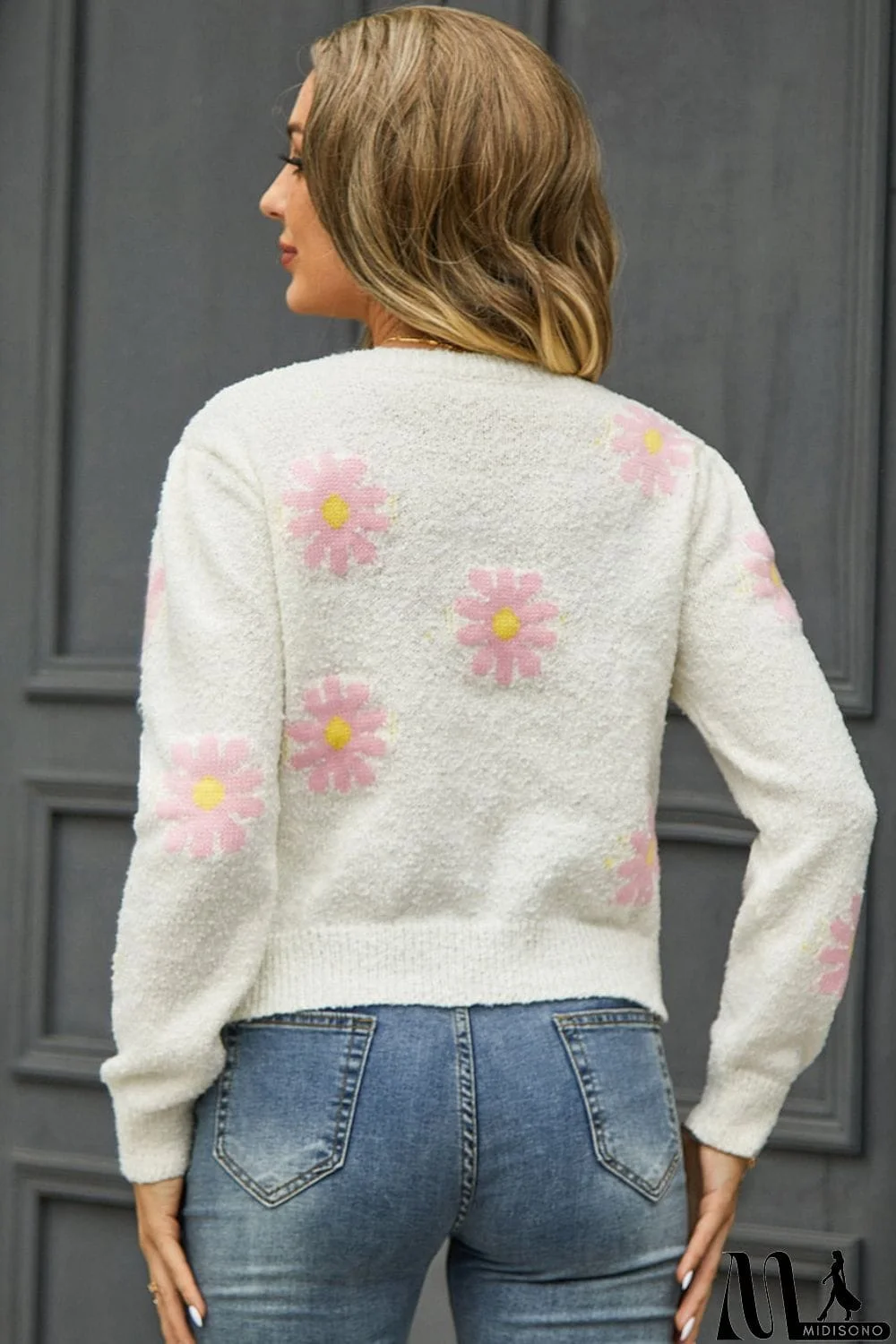 MidiSono - Flower Pattern Round Neck Short Sleeve Pullover Sweater