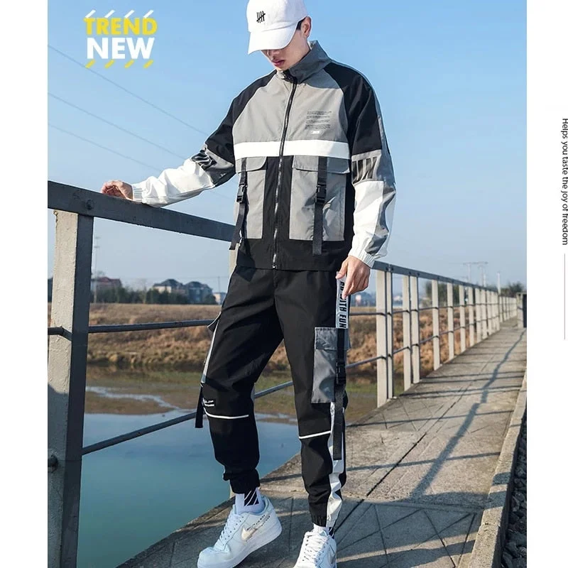 2021 New Fashion Plaid Tracksuit Men Hooded Sweat Suits 2 Piece Men Reflective Jogger Sets Streetwear Pullover Sweatsuit