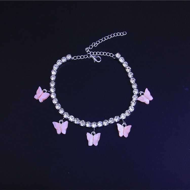 Rhinestone Chain Anklet Resin Butterfly Pendant