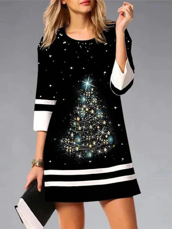 Women's 3/4 Sleeve Scoop Neck Graphic Printed Midi Dress