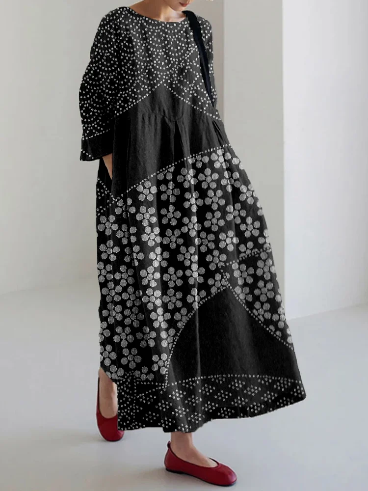 Vintage Japanese Art Pattern Linen Blend Maxi Dress