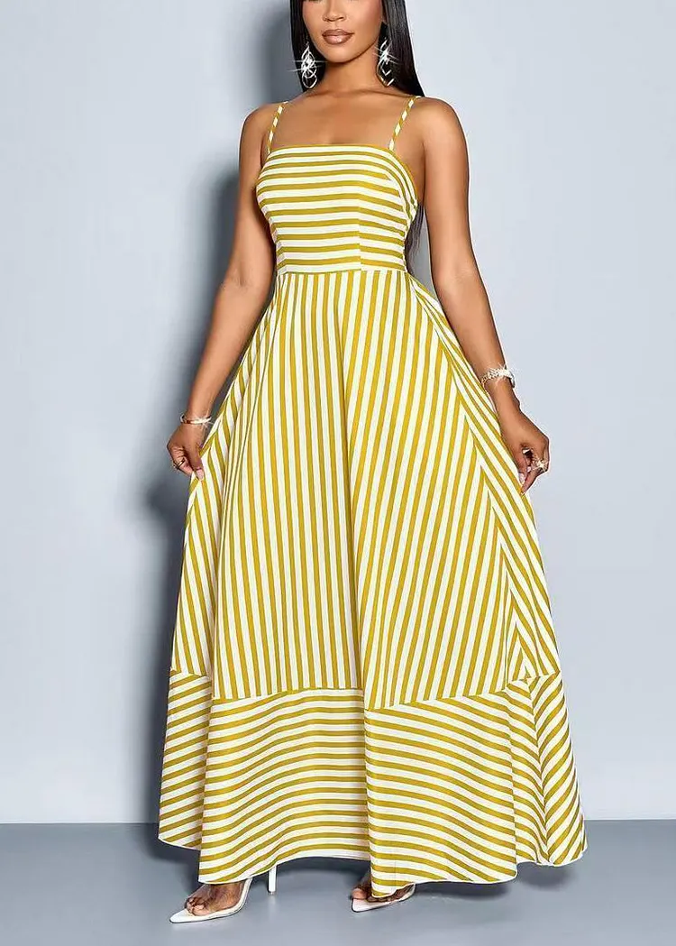 Unique Yellow Striped Spaghetti Strap Exra Large Hem Cotton Long Dress Summer