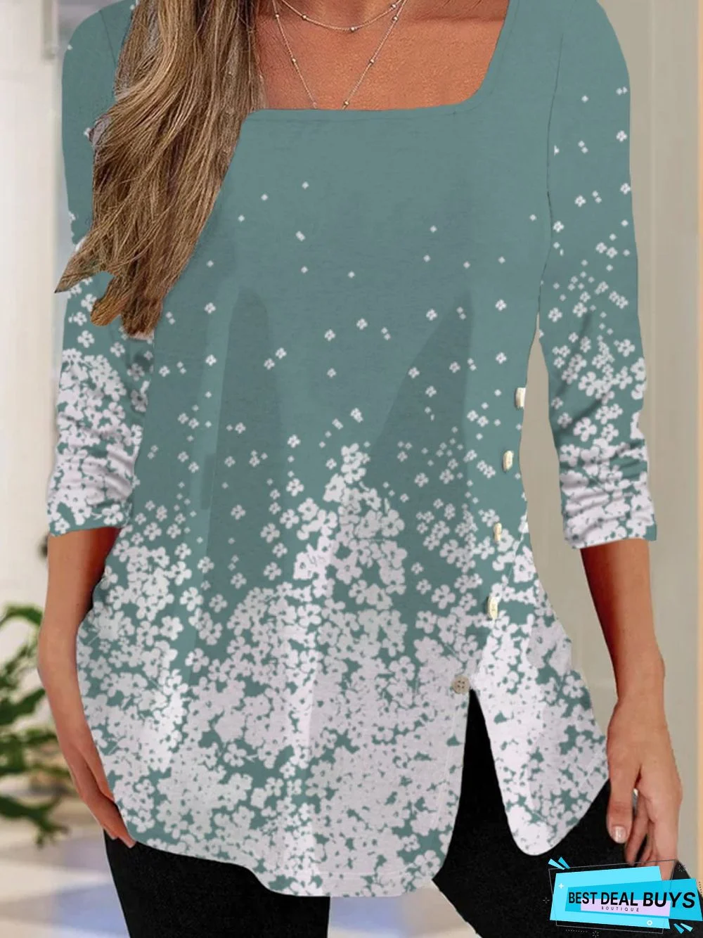 Casual Floral Long Sleeve Square Neck Printed Top T-shirt TUNIC