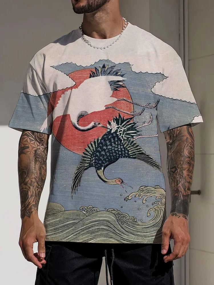 Men's Art Crane Print Casual T-Shirt