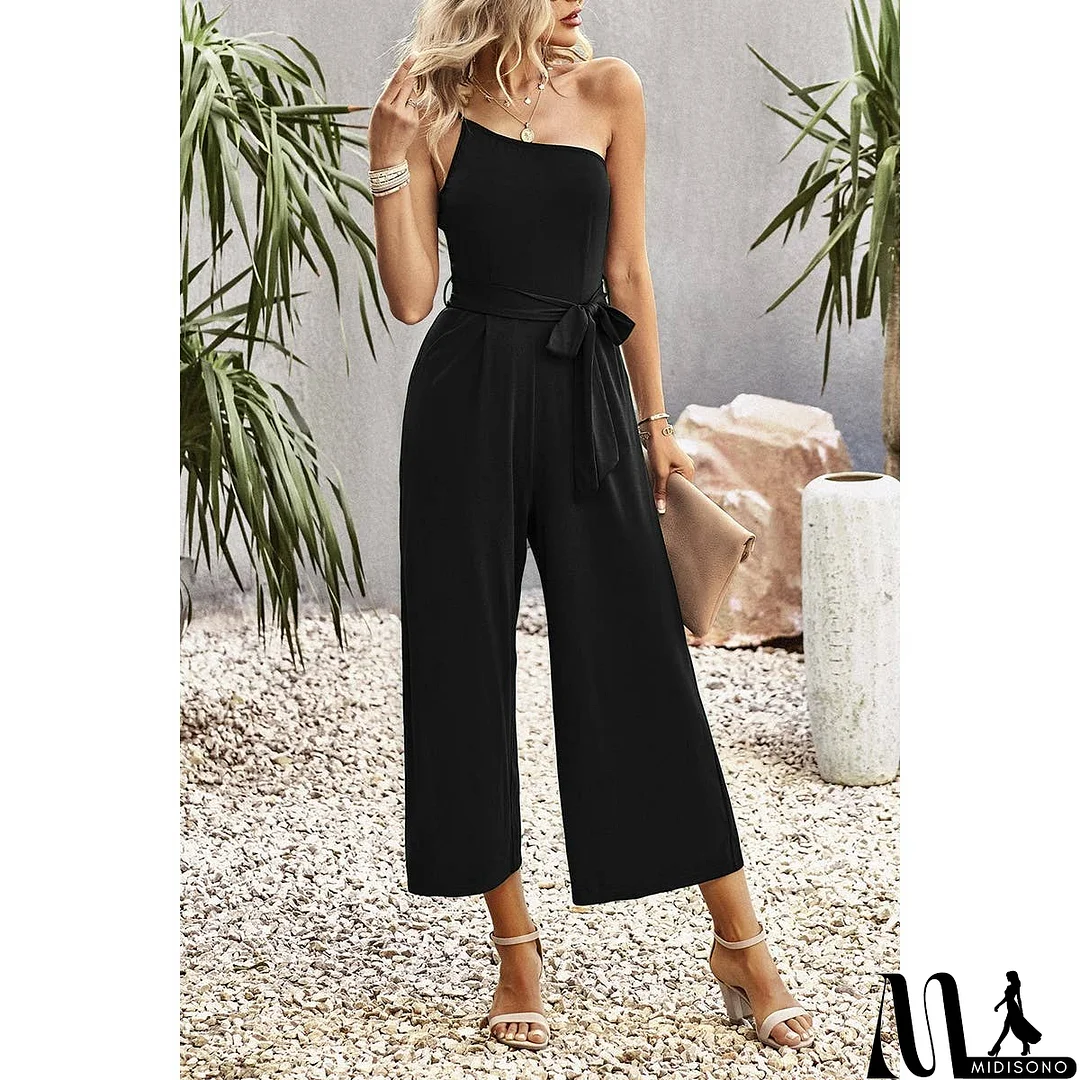 MidiSono - One Shoulder Belt Knot High Waist Jumpsuit