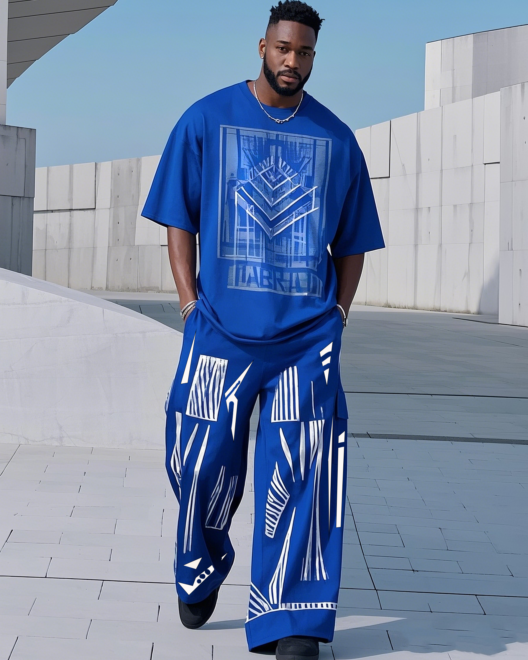 Plus Size 1 L-9L Men's Klein Blue Fashion Printed Casual Short Sleeve T-Shirt Pants Suit