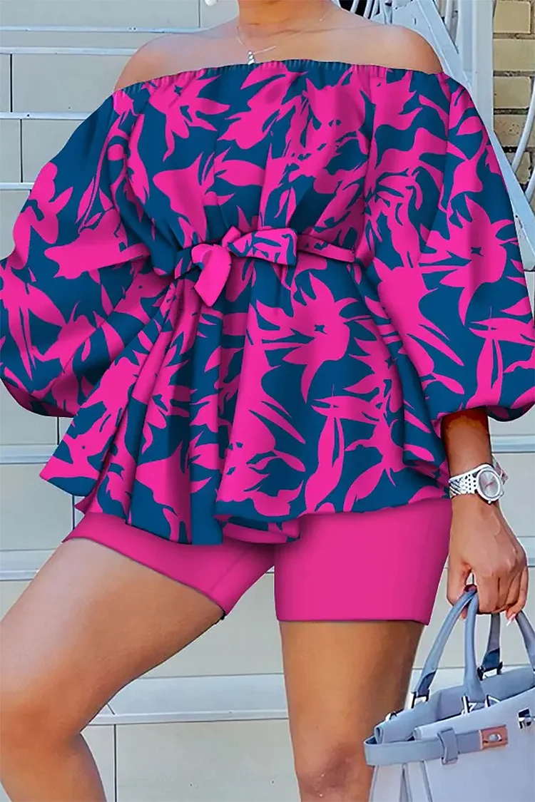 Plus Size Vacation Tropical Print Off Shoulder Belted Two Piece Short Set