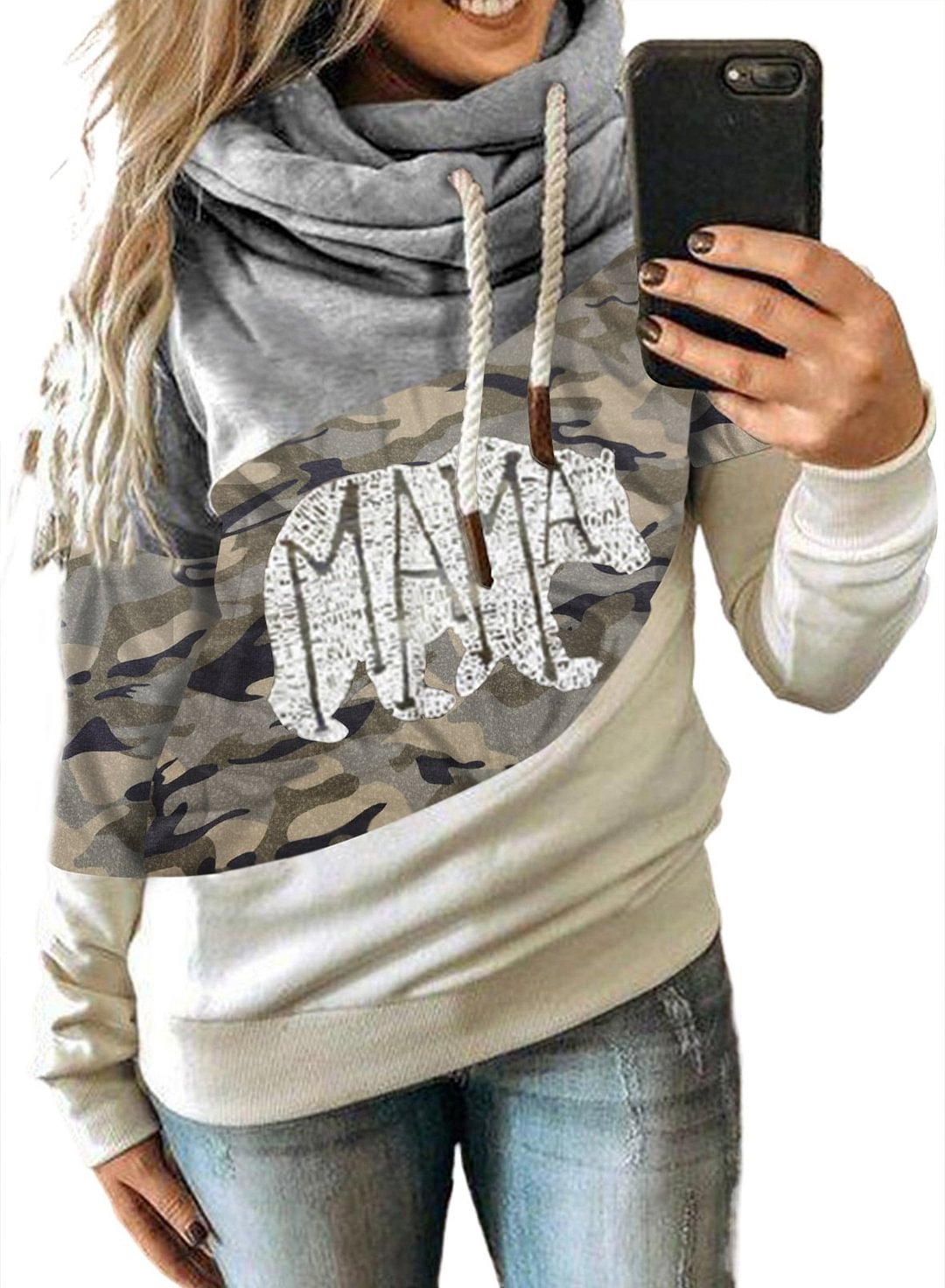 Women's MAMA BEAR Hoodies Camouflage Long Sleeve Drawstring Hooded Sweatshirts-PastoralHome-Allyzone