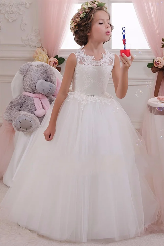 Bellasprom White Sleeveless Flower Girl Dress Princess Tulle With Lace Appliques