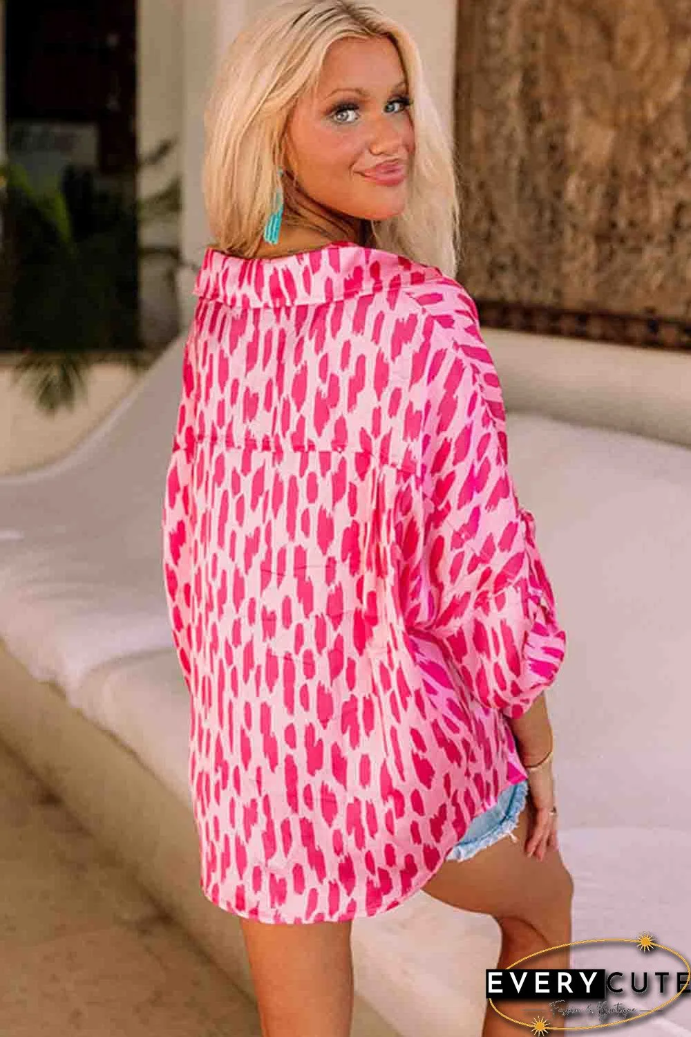 Pink Printed Roll Tab Sleeve Button Up Shirt