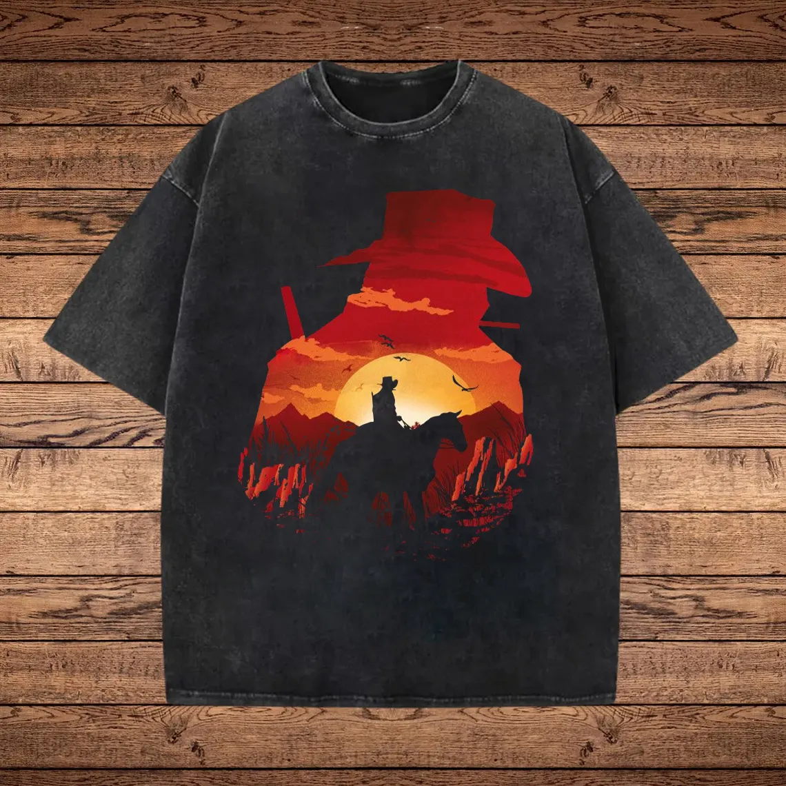 Western Sunset Cowboy Graphic Print Washed T-shirt