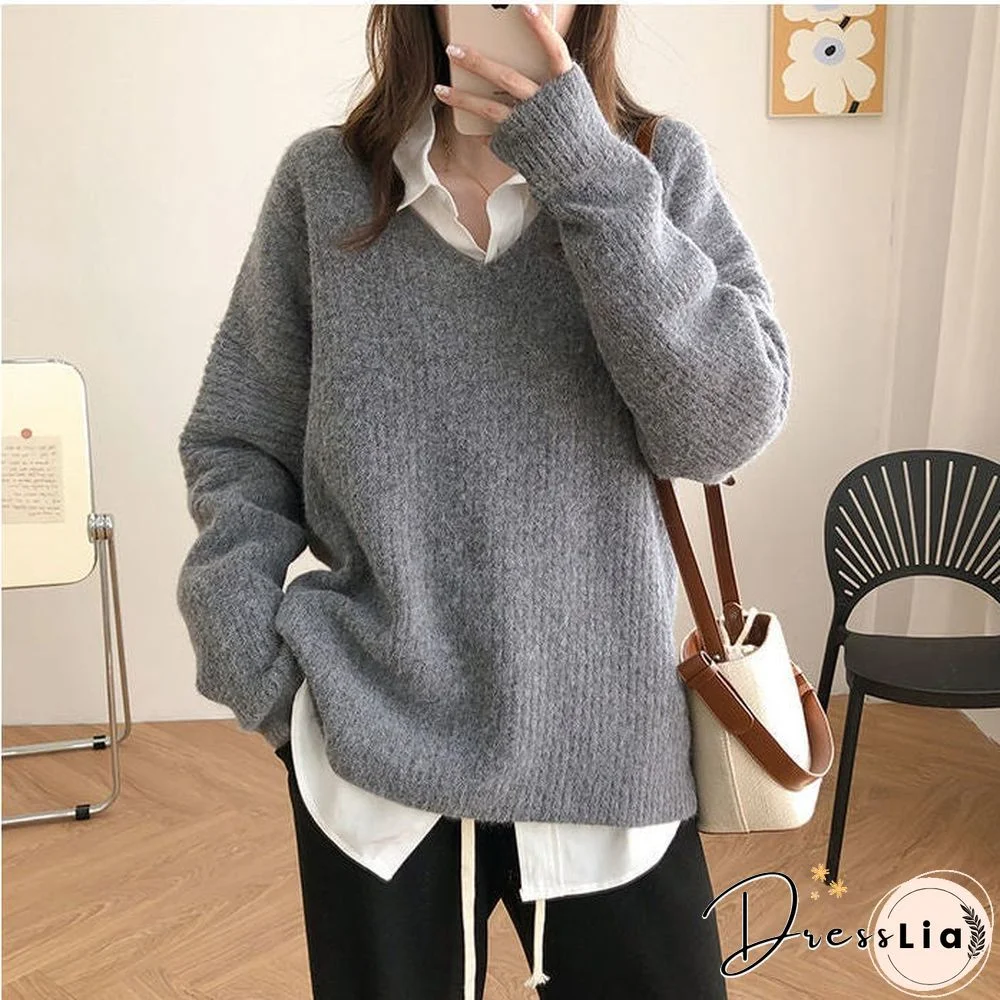 Retro Lazy V-neck Loose Sweater