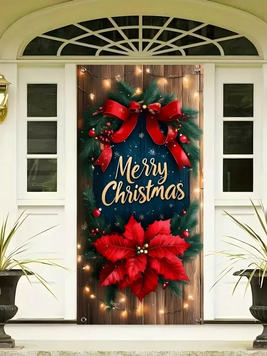 Tegooe Festive Christmas Door Cover Banner - Wood Grain Wreath Red Poinsettia Polyester Holiday Decoration Photo Backgroun...
