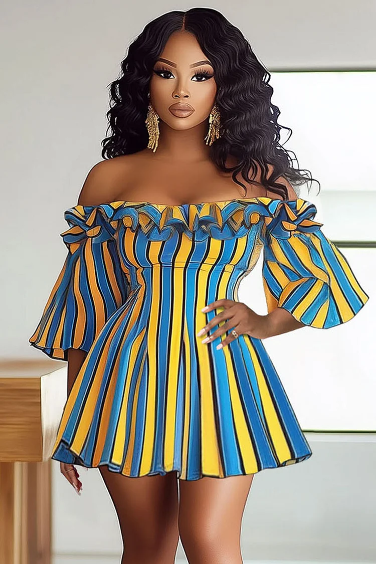 Colorblock Stripe Off Shoulder 3/4 Sleeve Party Mini Dresses-Blue [Pre Order]