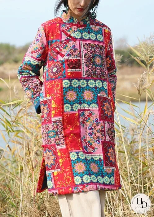 Red Pockets Patchwork Cotton Mid Dresses Stand Collar Long Sleeve