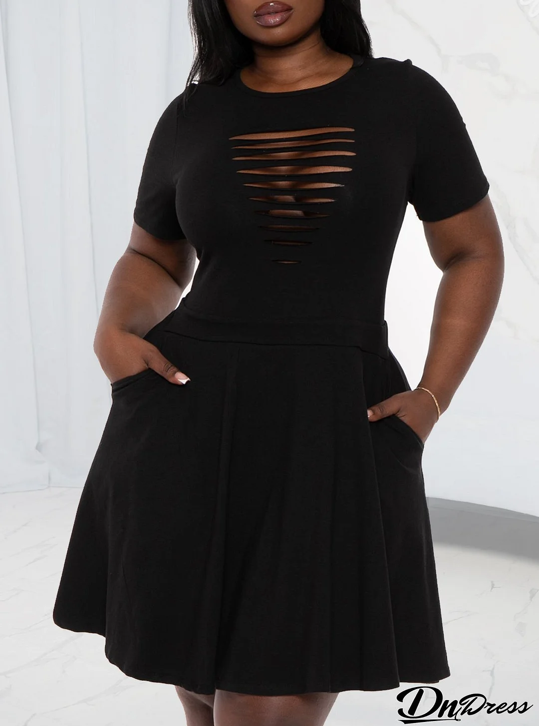 Plus Size Women's Summer Fashion Chic Short Sleeve Slim Hollow A-Line Dress