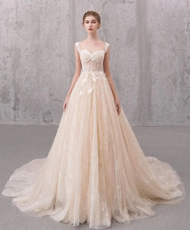 Champagne Sweetheart Lace Tulle Long Wedding Dress, Lace Bridal Gown