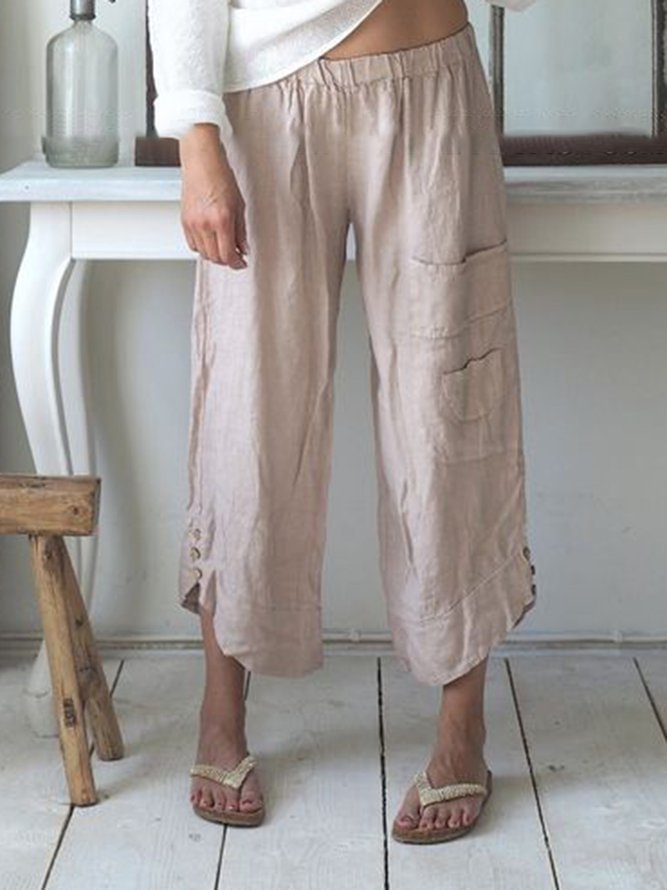 Summer Pockets Buttoned Elastic Waist Stylish Daily Casual Capri Pants B111- Fabulory