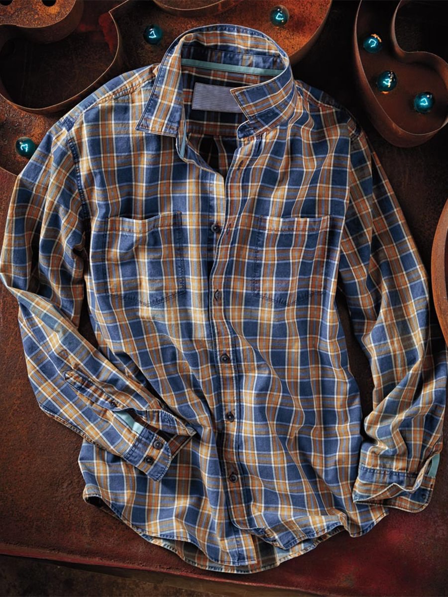 Men's Casual Plaid Long Sleeve Cotton Linen Shirt
