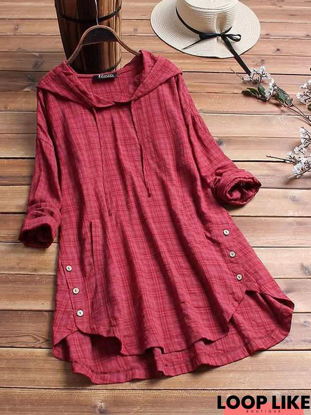 Plus Size Blouse Women Casual Hooded Long Sleeve Check Plaid Loose Tops Shirts Linen