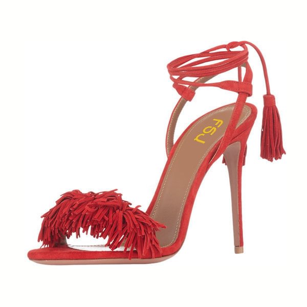 Red Fringe Sandals Tassels Strappy Heels|FSJshoes