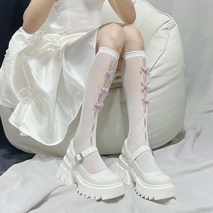 Sweet White/Black Purple Bows Lolita Socks SP16250