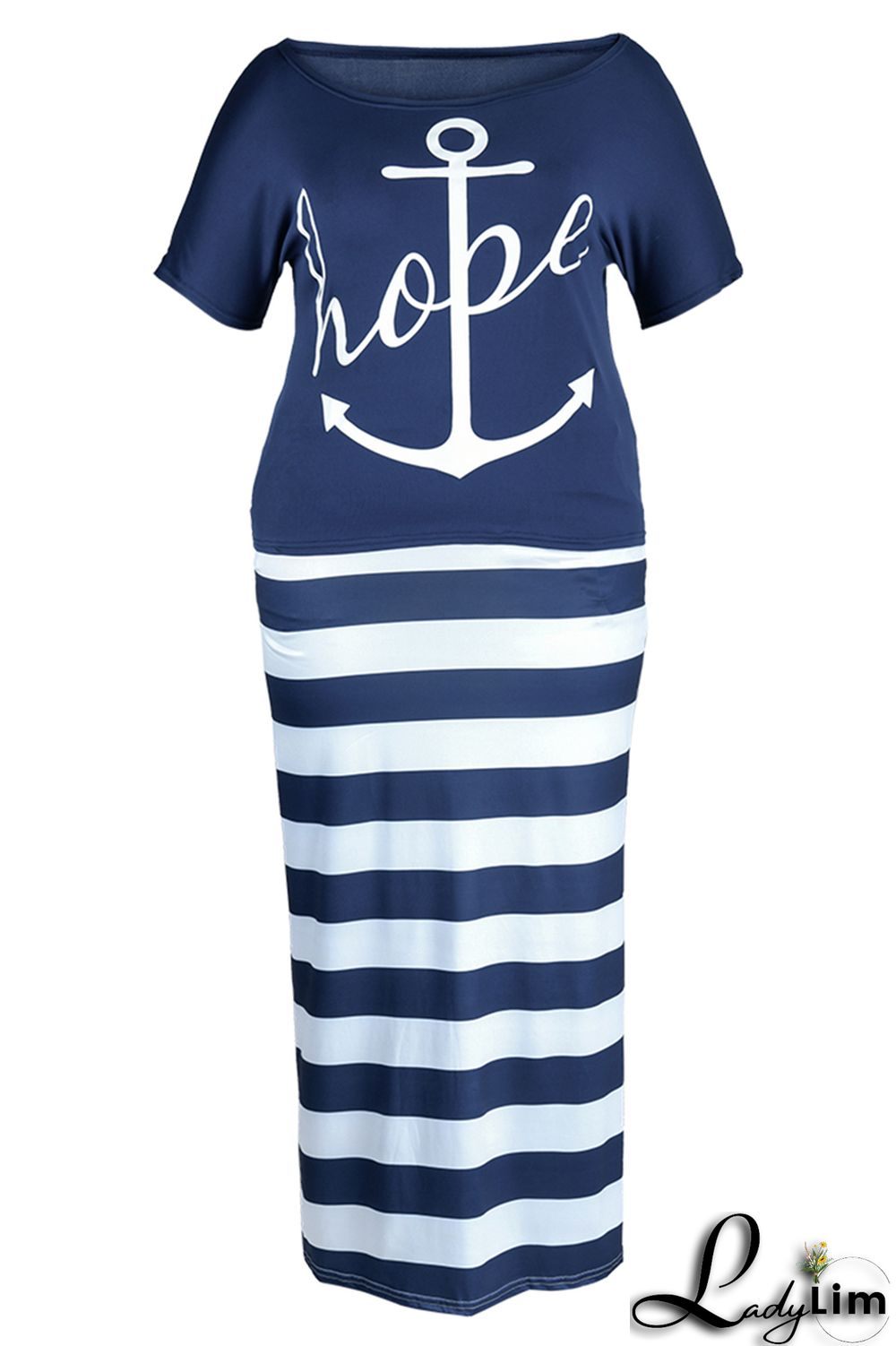 Deep Blue Fashion Casual Print Basic Oblique Collar Plus Size Two Pieces