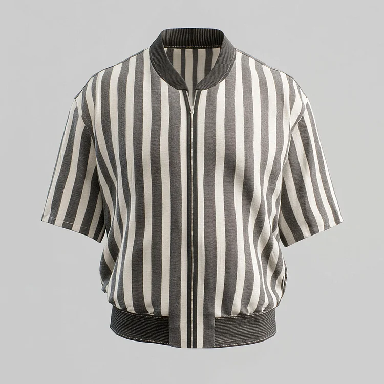 Men's Striped Stand Collar Zipper Half Sleeve Jacket