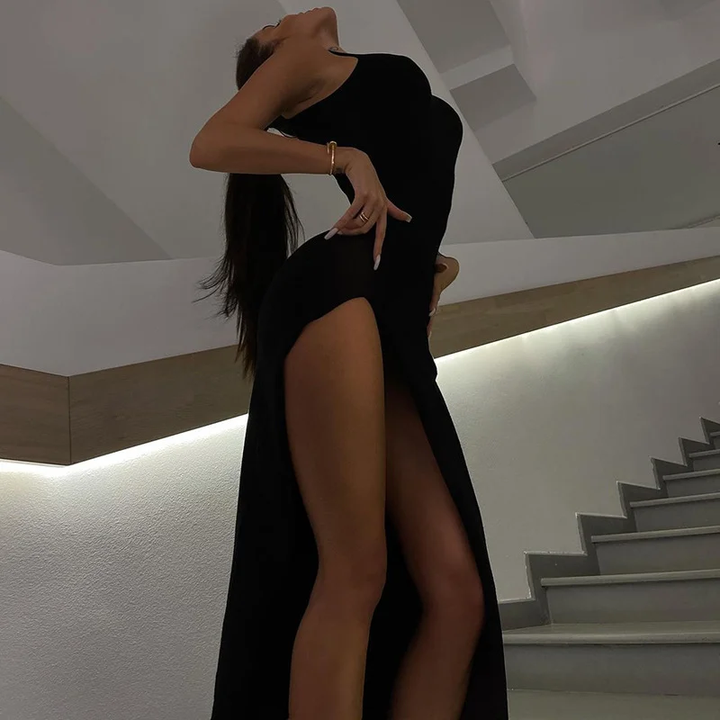 Solid Turtleneck Sleeveless Slit  Maxi Dress 2023 New Year Evening Party Wear Bodycon Elegant Fashion Streetwear
