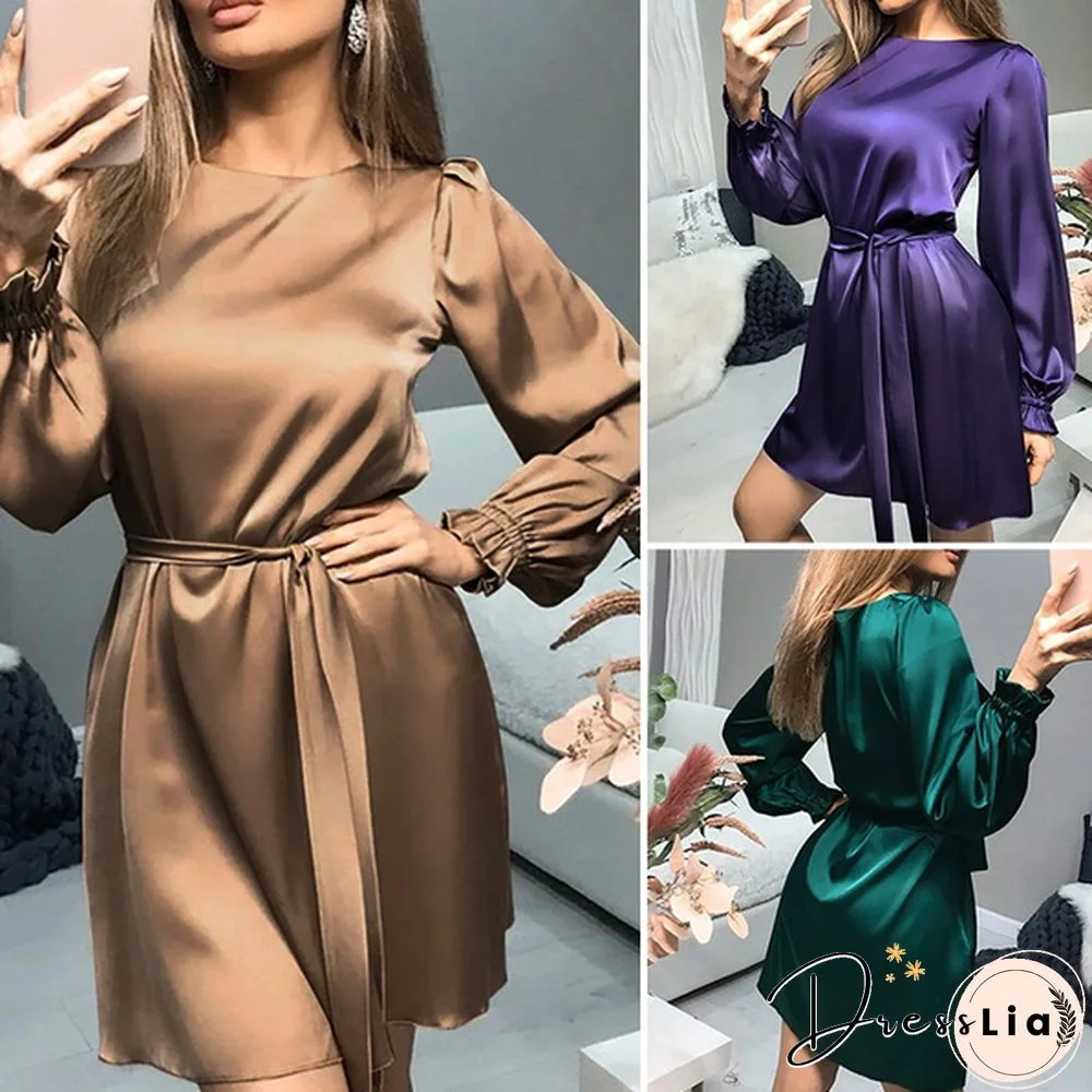 ZANZEA Women Spring Sundress Solid Casual Minimalist Full Sleeve Office O-Neck Mini Party Dress