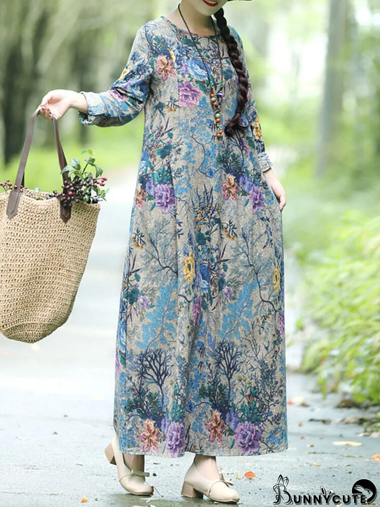 Floral Print O-neck Long Sleeve Maxi Cotton Dress