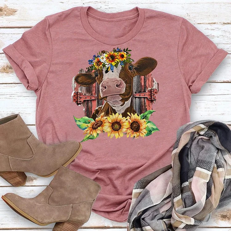 Cow with Sunflowers Retro Tee-05684