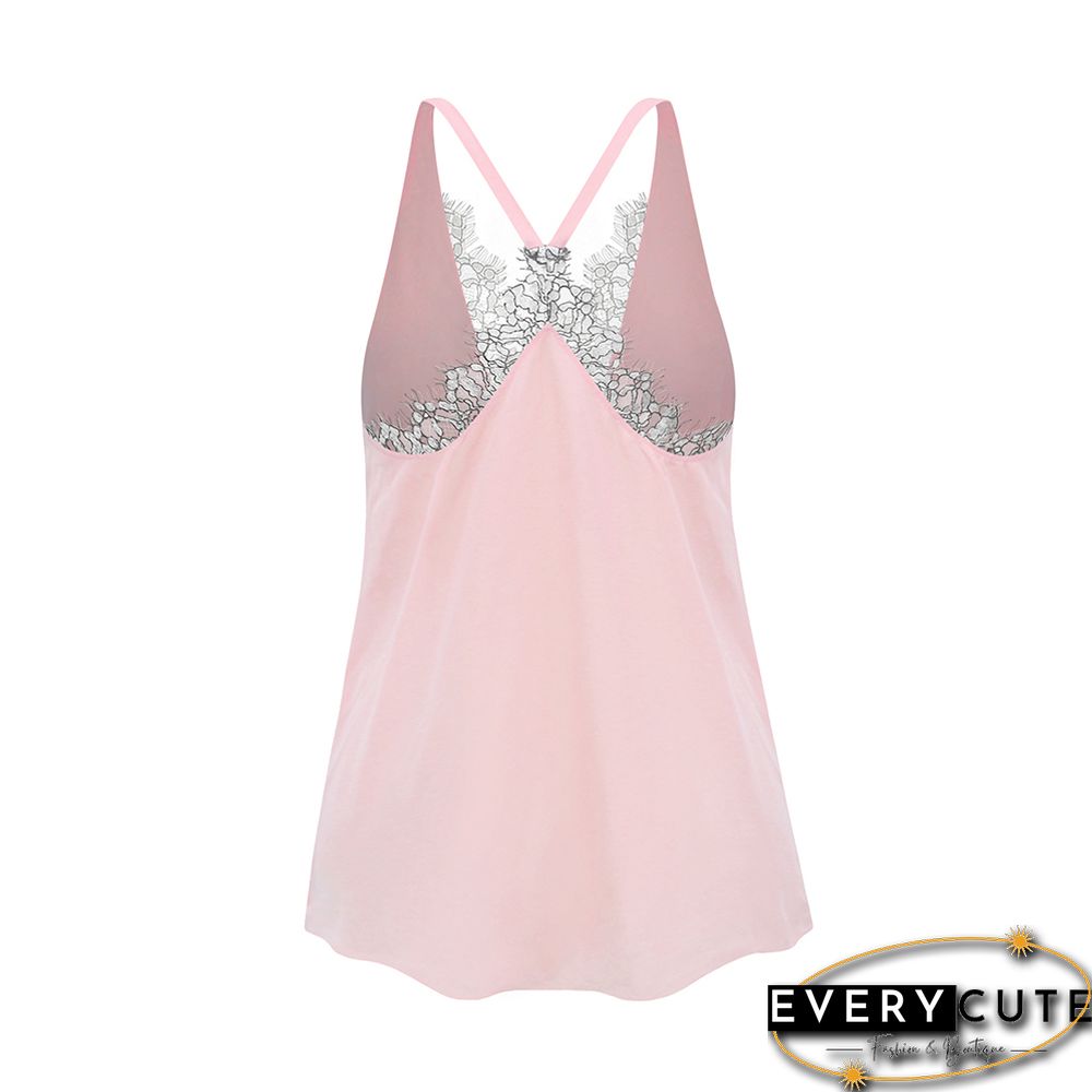 Pink V Neck Lace Detail Open Back Tank Top
