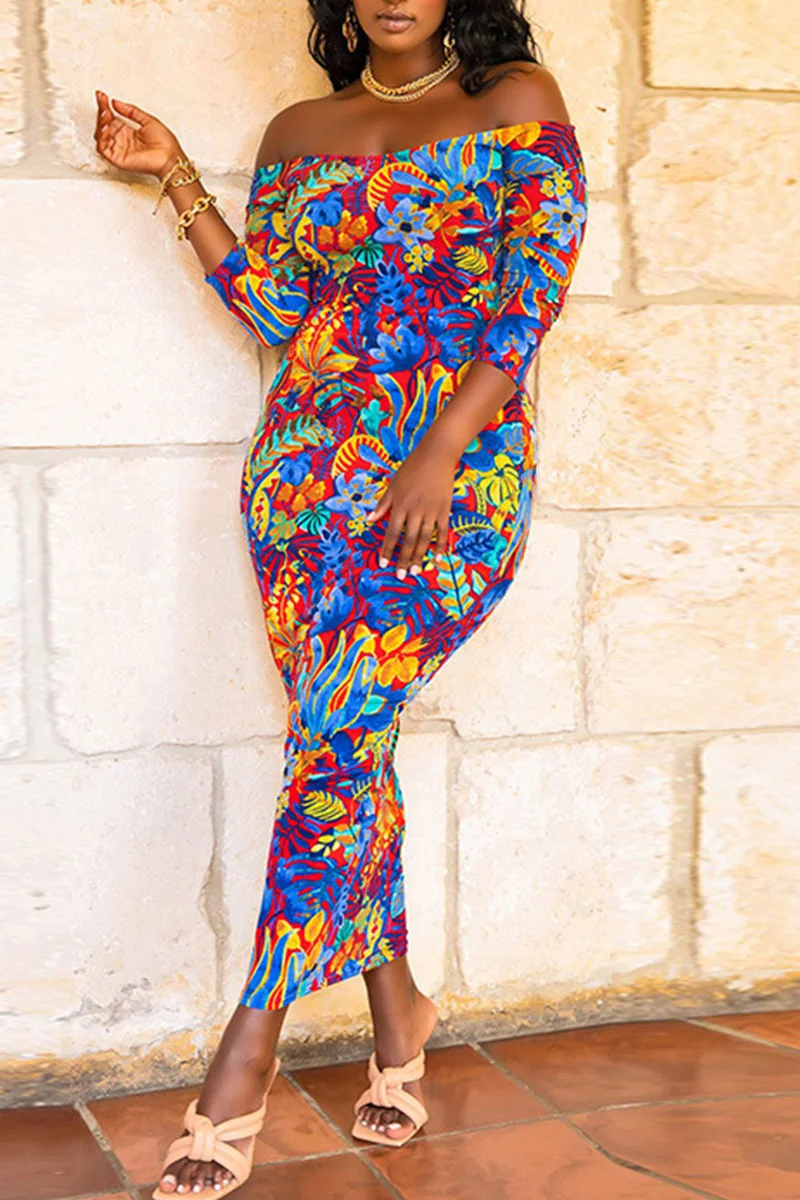 Blue Sexy Print Split Joint Off the Shoulder One Step Skirt Plus Size Dresses